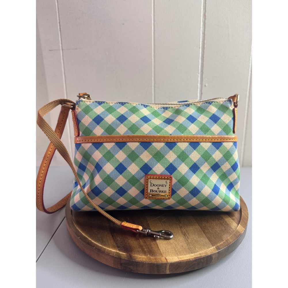 Dooney & Bourke Crossbody Women Small Blue Green Gingham Canvas Leather Trim EUC